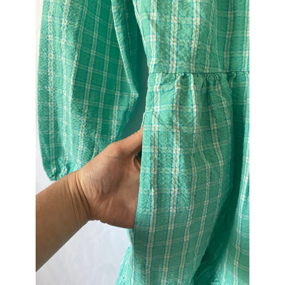 J.Crew Aqua Green Plaid Seersucker Ruffle Tiered Mini Dress 6 Preppy Pastel - Picture 4 of 12